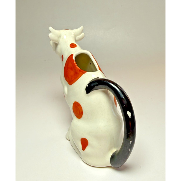 Vintage Czechoslovakian Ceramic Cow Creamer Pitcher 1930s Orange Polka Dots A - Picture 2 of 7
